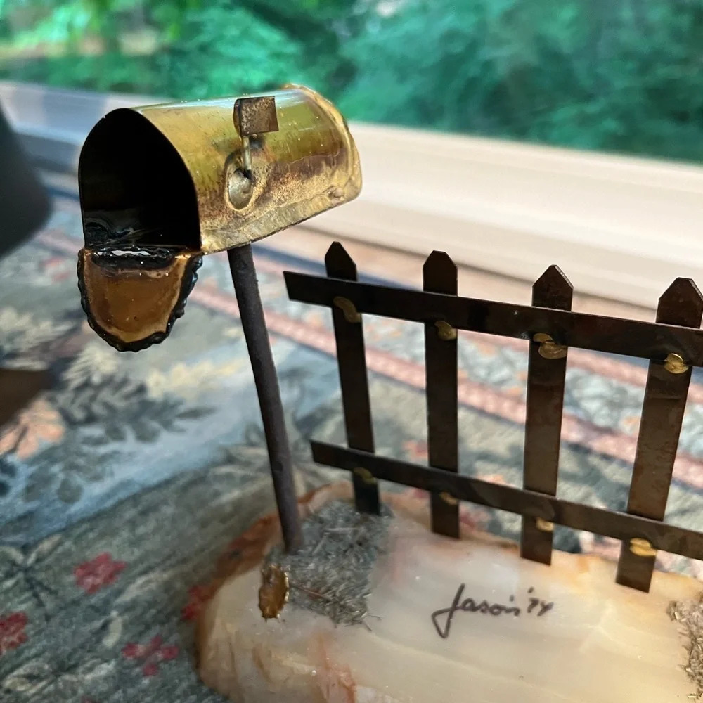 1974 Vintage Unique Brass/Metal Mail Box Sculpture with Marble Base